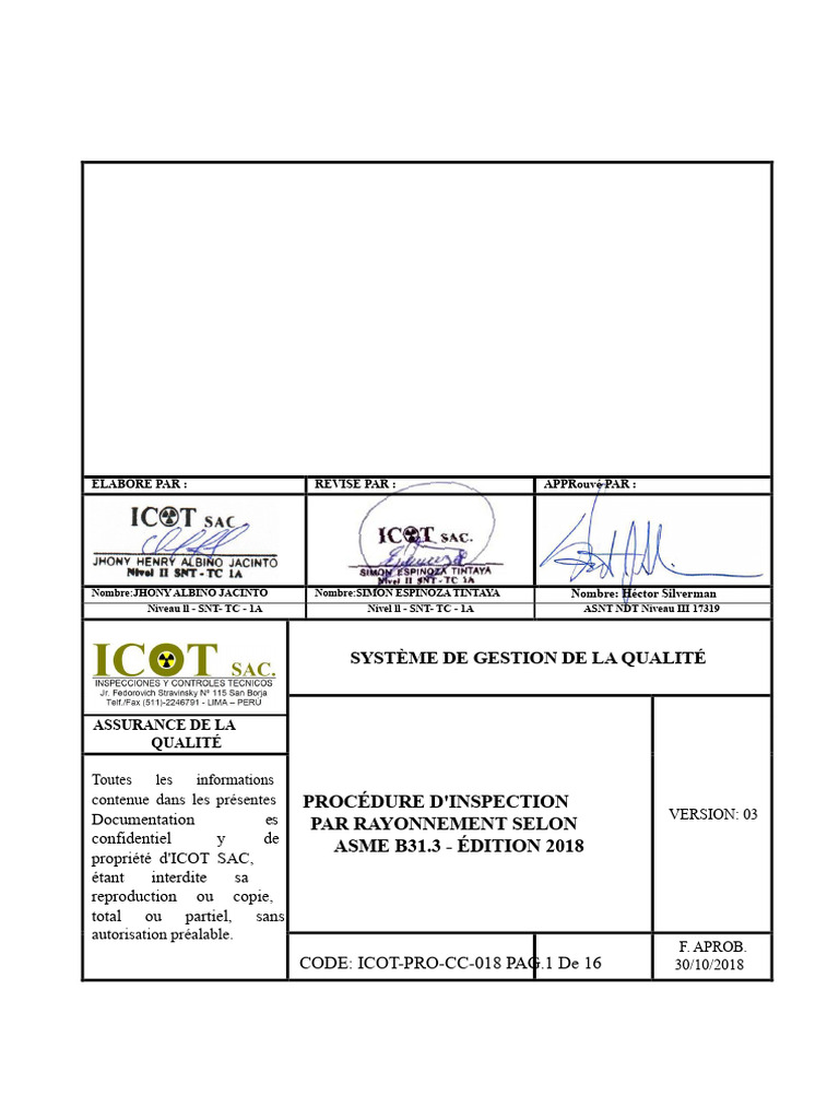 Procédure d'Inspection Radiographique ASME | PDF | Radiographie ...
