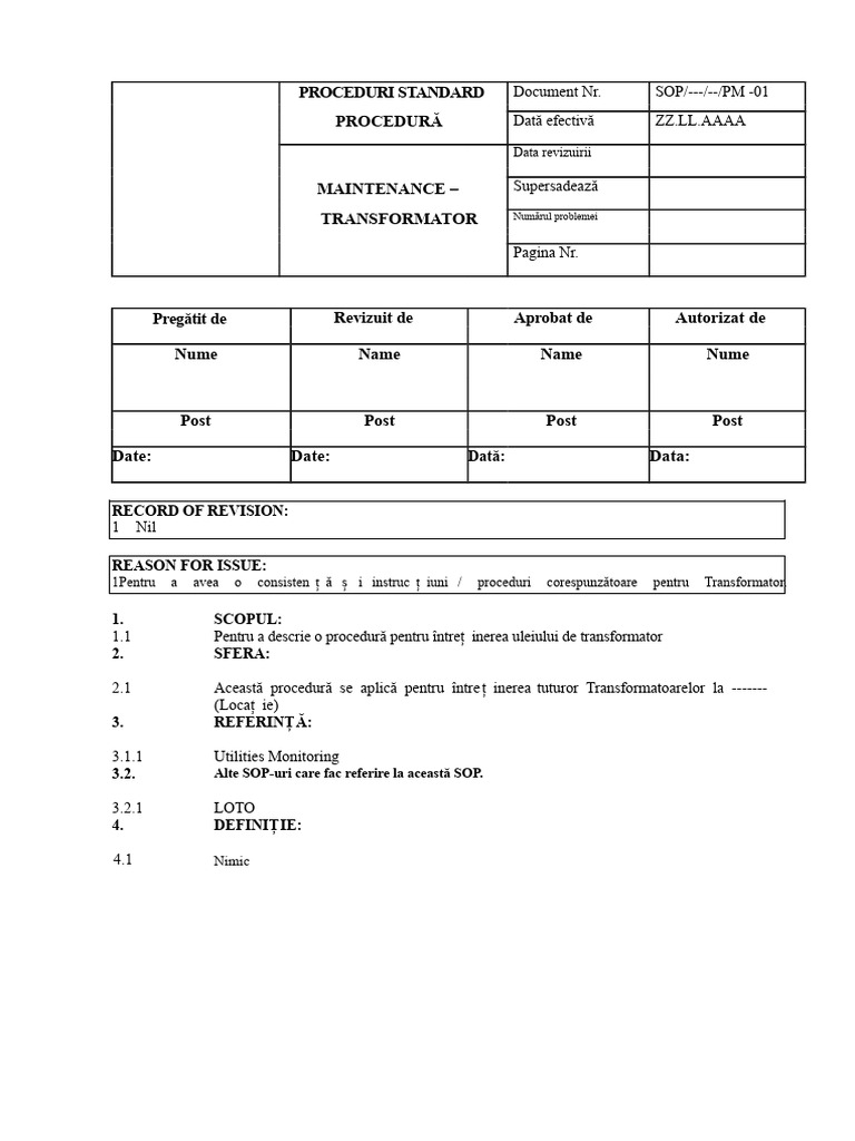 Procedura Standard de Operare Întreținere | PDF