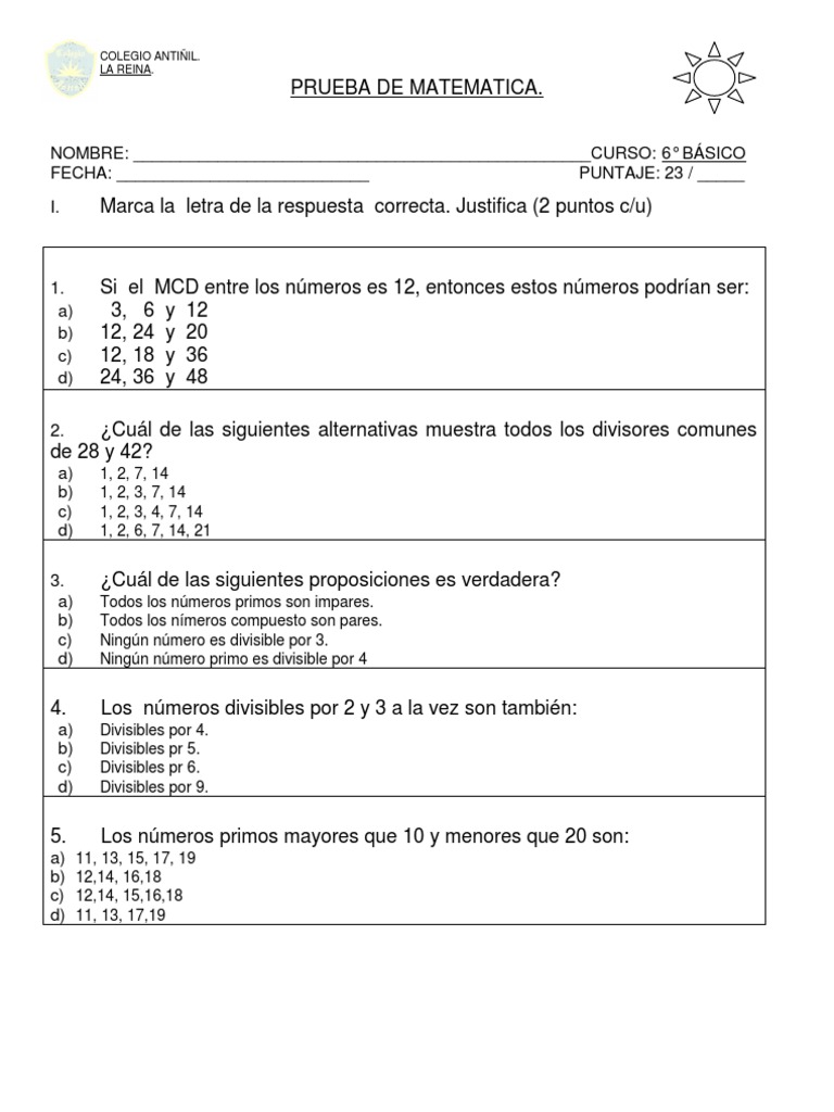 Examen de MCM y MCD para 6° Básico | PDF
