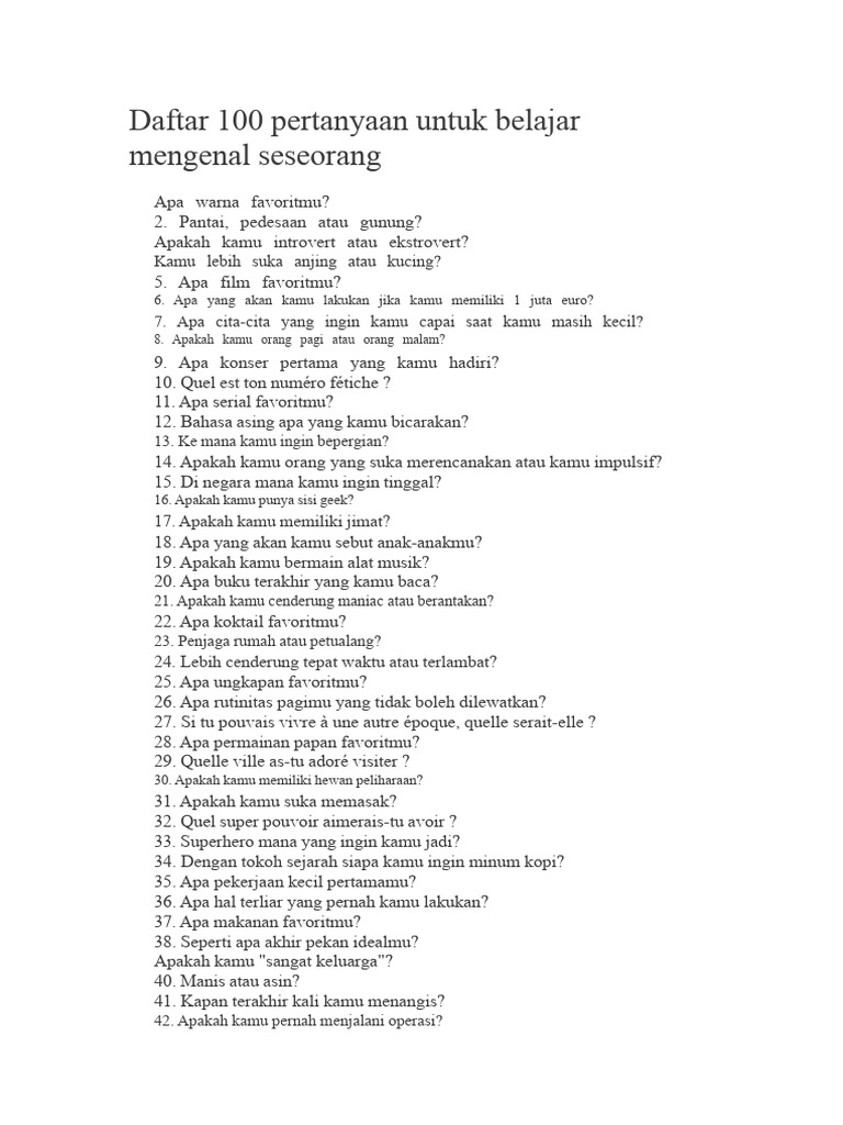 100 Pertanyaan Menarik untuk Kenalan | PDF