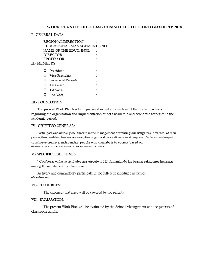 Work Plan of The Third Grade Class Committee | PDF