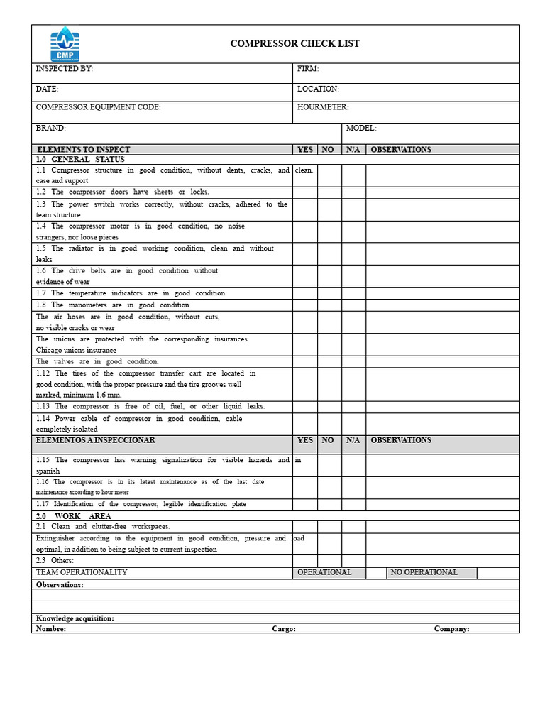 Compressor Inspection Checklist | PDF