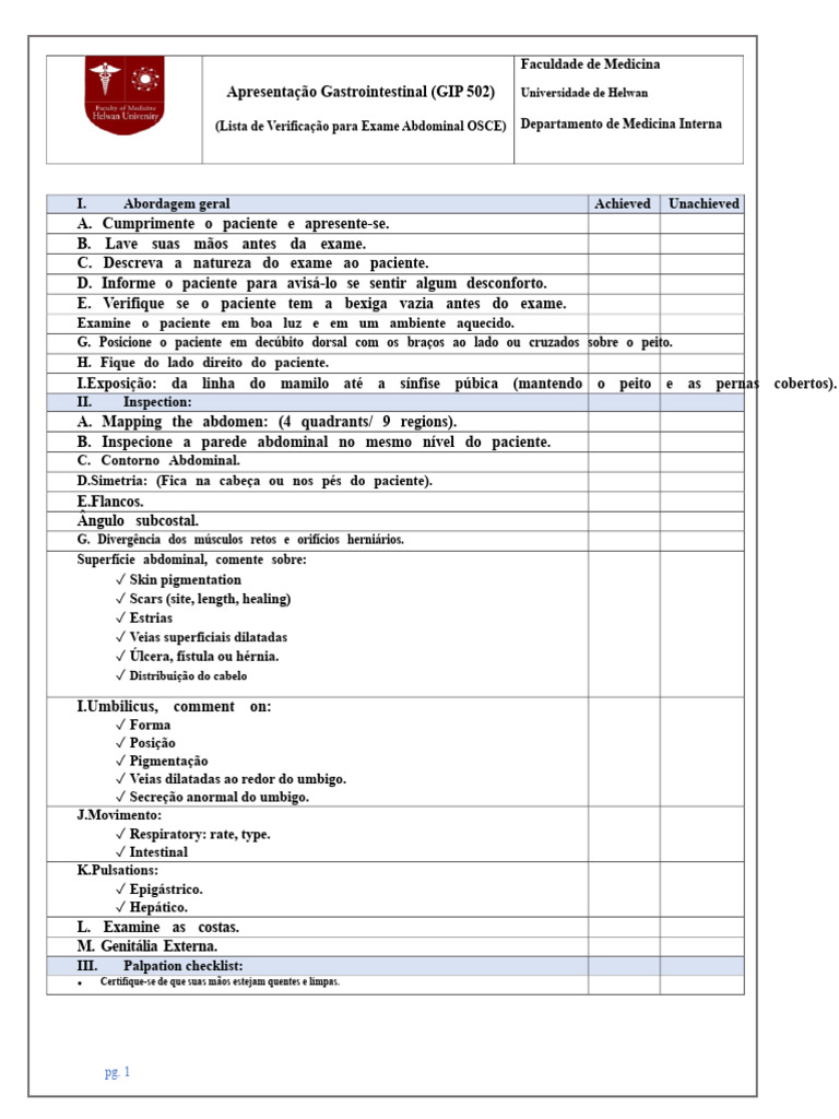 Checklist para Exame Abdominal OSCE | PDF | Fígado | Abdômen