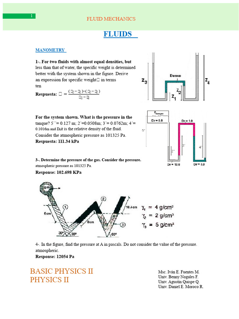 Fluid Mechanics: Pressure and Buoyancy Calculations | PDF | Pressure ...