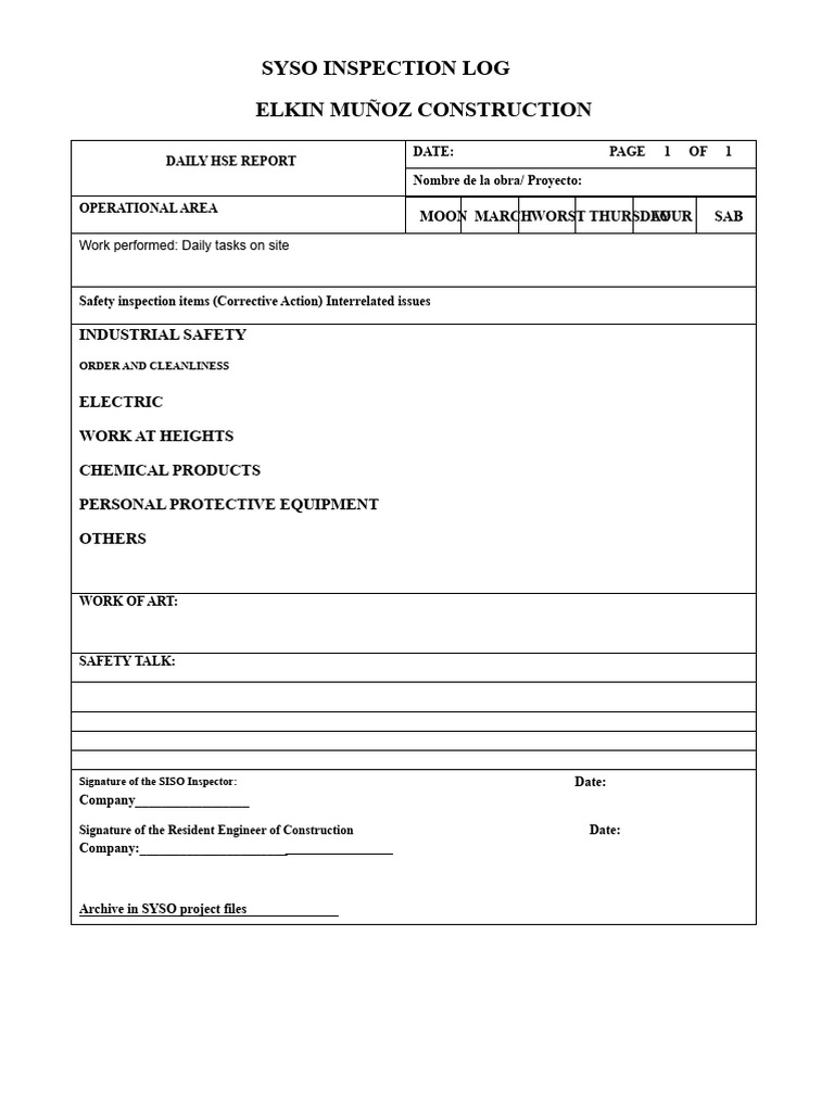 Daily HSE Inspection Log | PDF