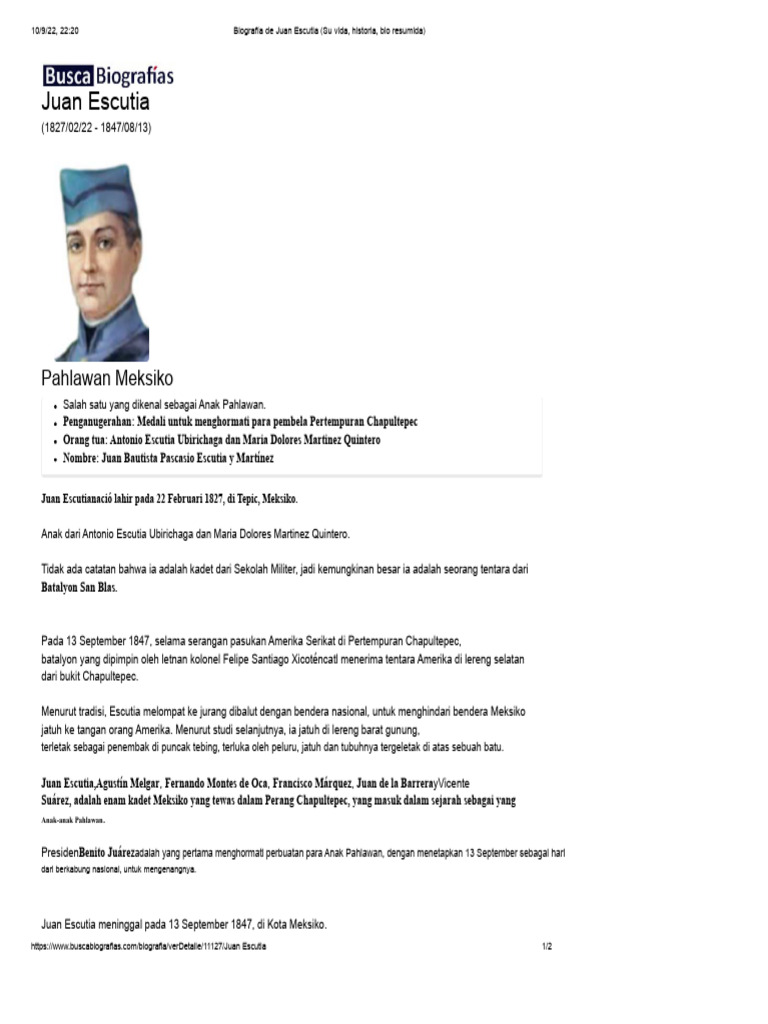 Biografi Juan Escutia (Kehidupan, sejarah, bio singkat) | PDF