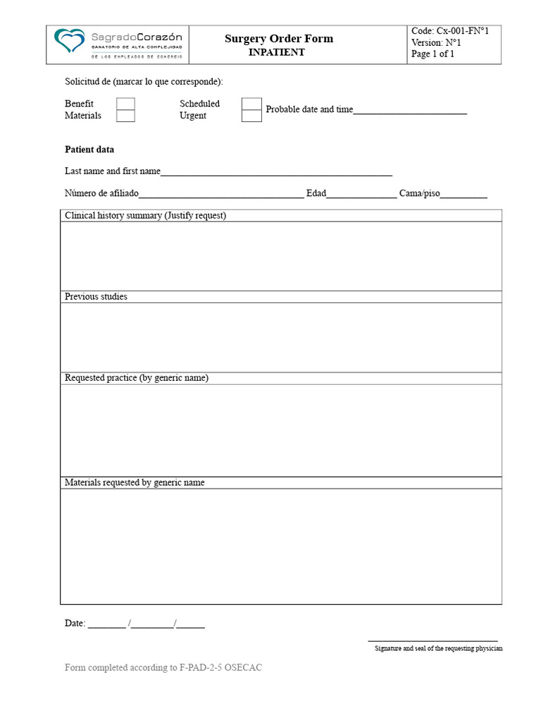 Inpatient Surgery Order Form Cx-001-FN°1 | PDF