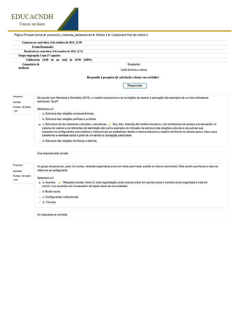 Questionário Final: Módulo 4 sobre Violência Adolescente | PDF ...