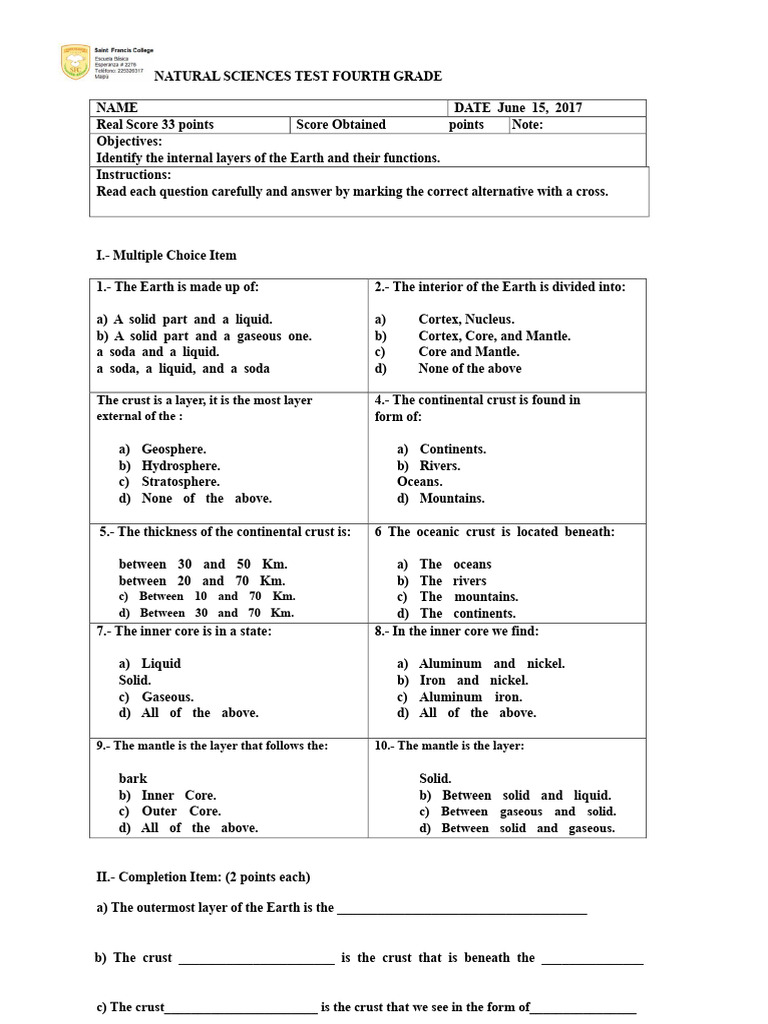 Fourth Grade Earth Science Test | PDF | Earth | Crust (Geology)