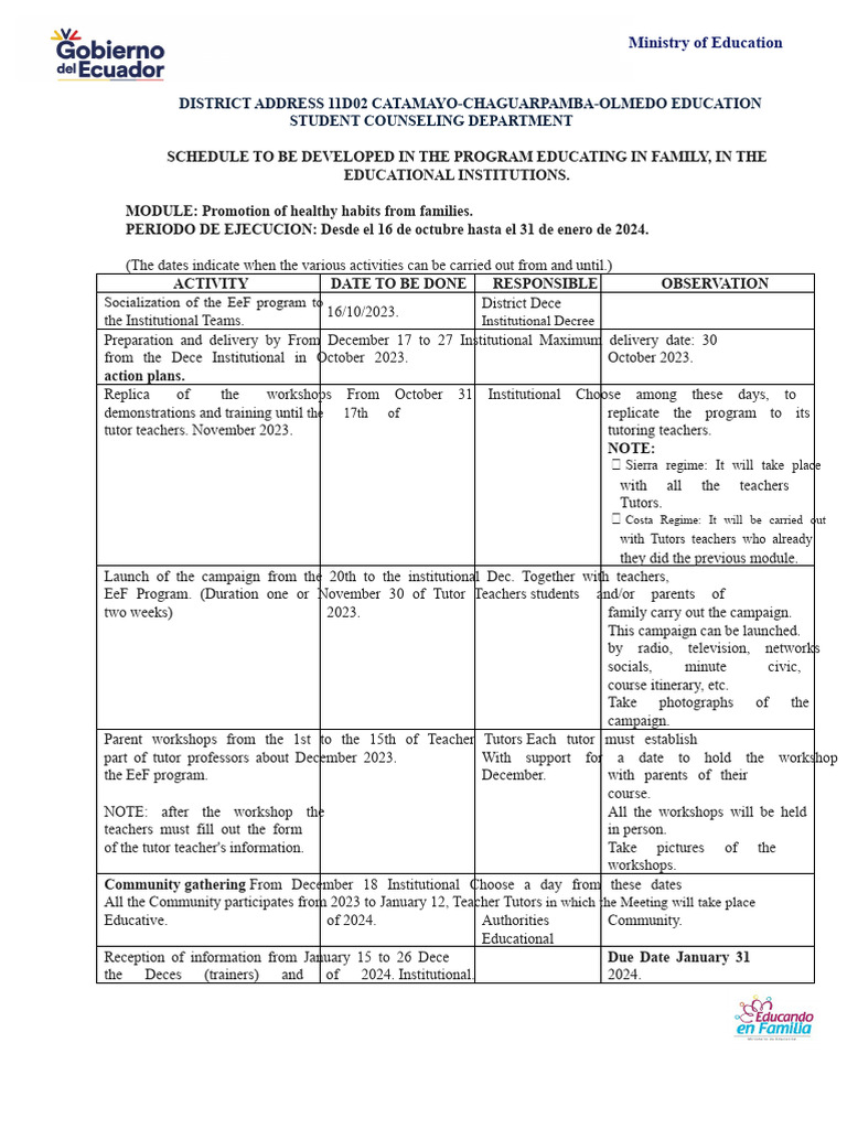 Schedule To Be Developed in The Program Educating in Family | PDF