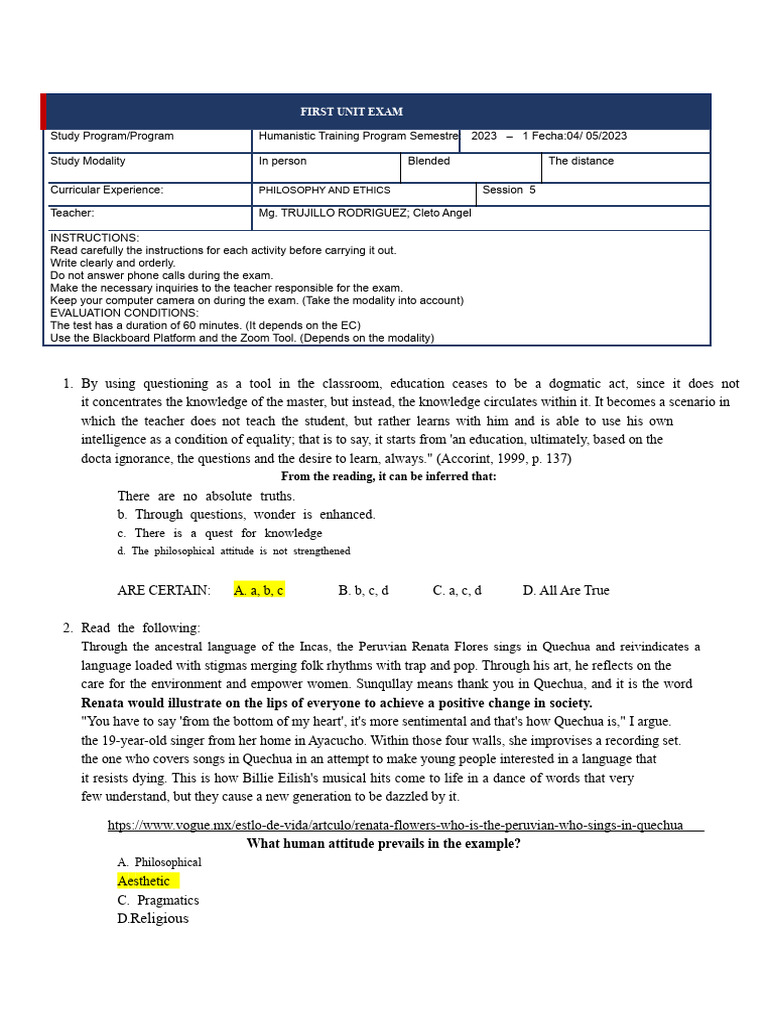 Exam First Unit 2023 1 | PDF | Rationalism | Knowledge