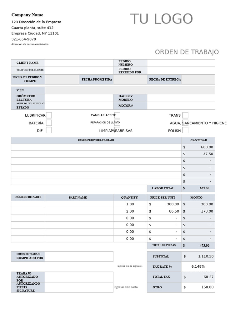 IC Automotive Work Order Template 8963 | PDF