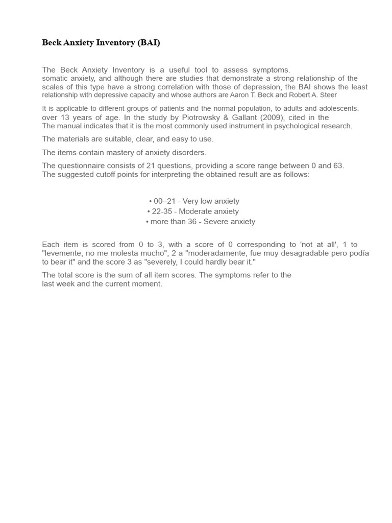 Beck Anxiety Inventory Overview and Scoring | PDF | Psychology | Emotions