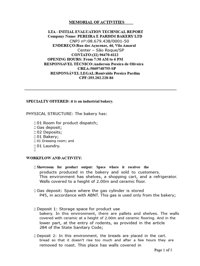 LTA Technical Report: Pereira Bakery | PDF