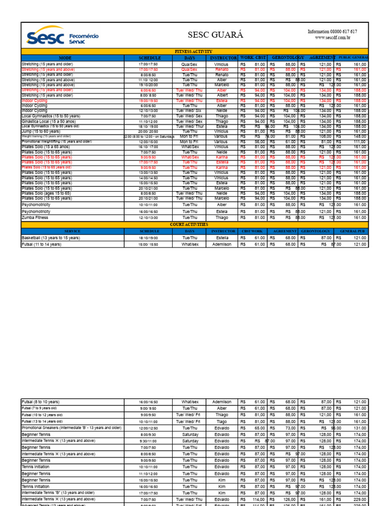 SESC Guará Fitness Class Schedule | PDF