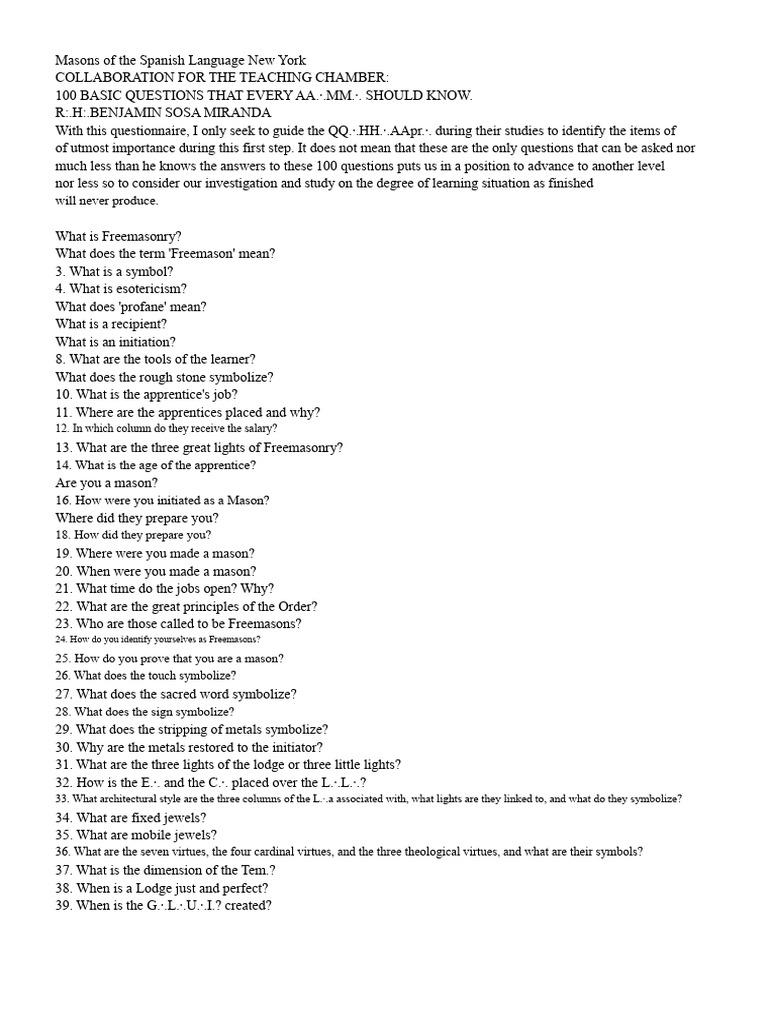 100 Essential Questions for Masons | PDF | Masonic Lodge | Freemasonry