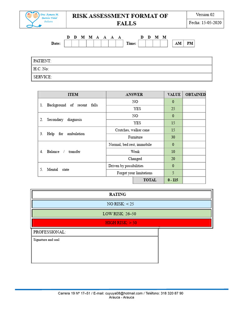 Falls Risk Assessment Template | PDF | Medicine | Clinical Medicine