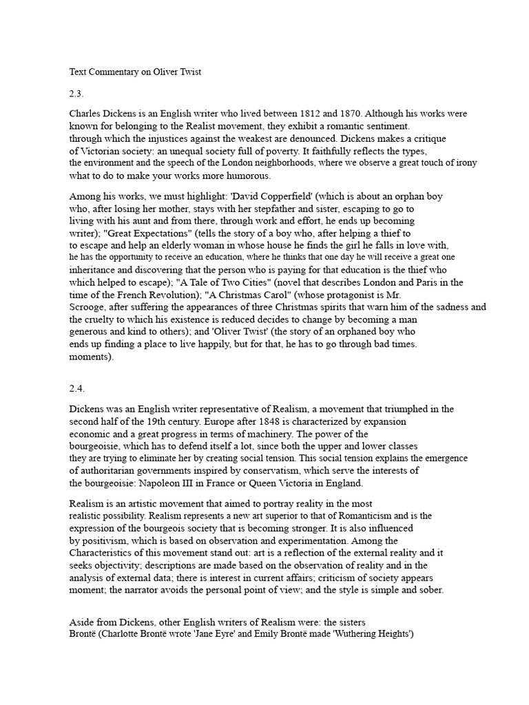 Commentary on Oliver Twist and Realism | PDF | Charles Dickens | A ...