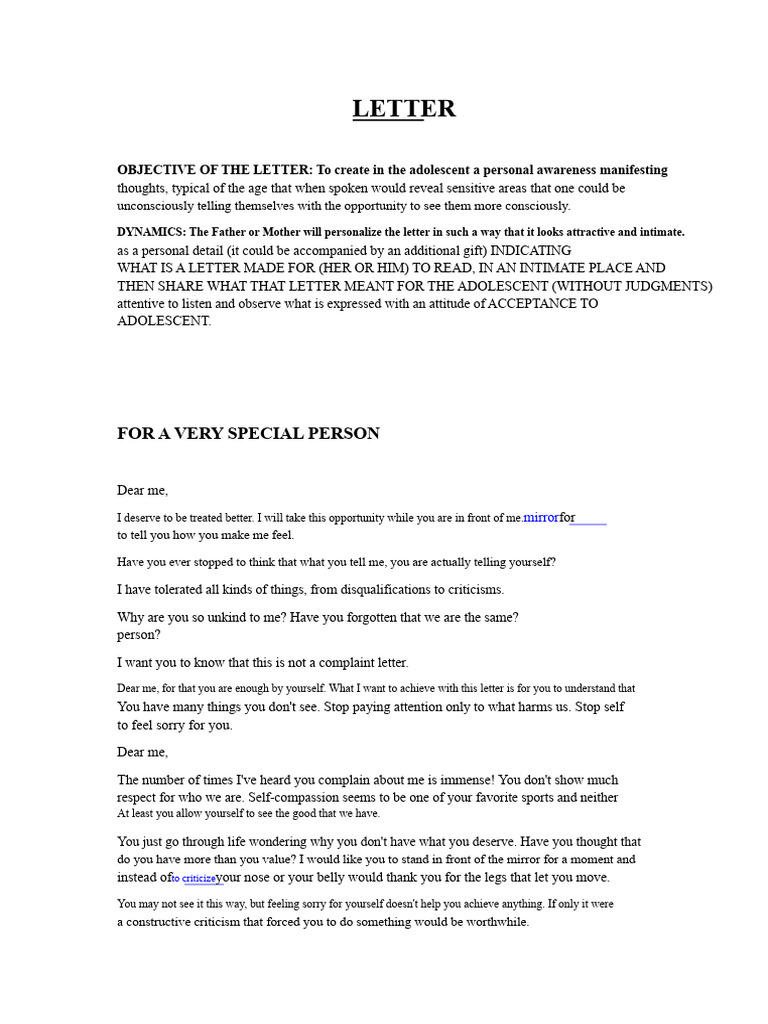 SELF-ESTEEM LETTER - WORKSHOP | PDF | Adolescence | Thought