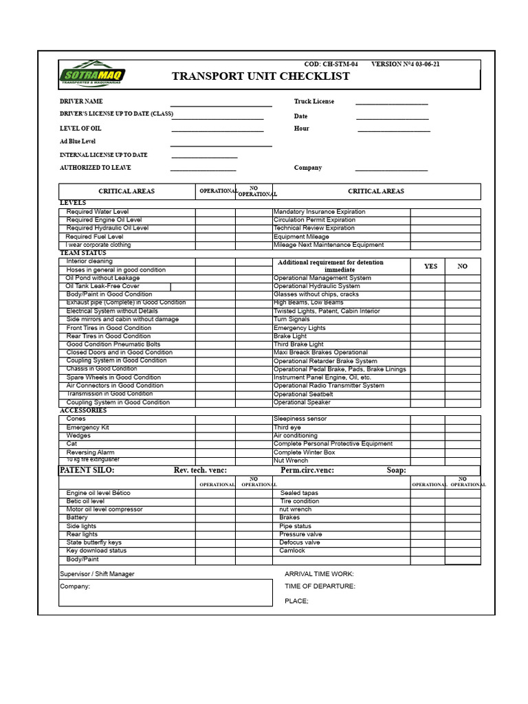 Truck Transport Unit Checklist | PDF | Brake | Truck