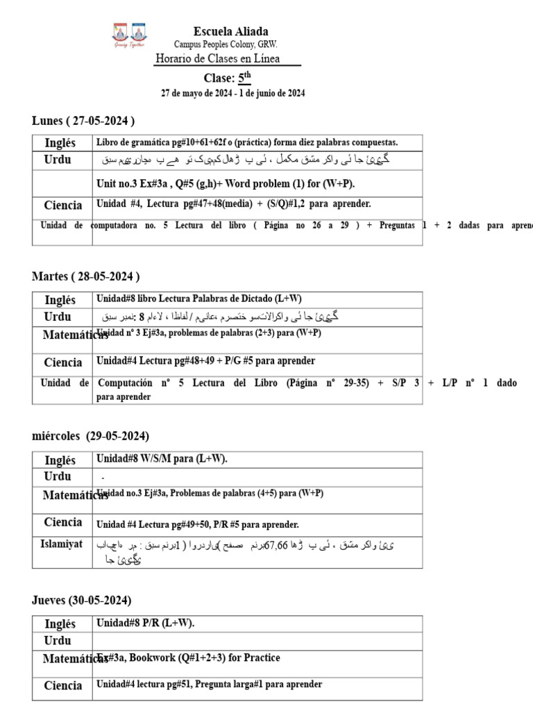 Plan de estudios en línea de 5to grado 2024 | PDF