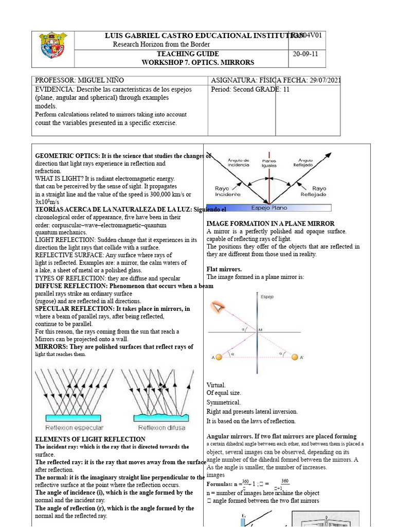 Workshop 7. Physics 11. Optics. Mirrors | PDF | Mirror | Optics