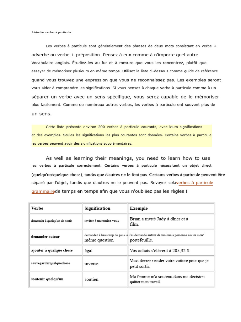 Liste des verbes à particule en anglais | PDF | Verbe | Phrase