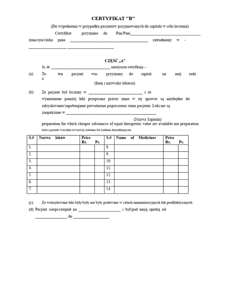 Formularz Zaświadczenia Lekarskiego B | PDF