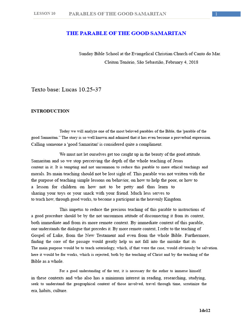 Lesson 10 - The Parable of The Good Samaritan - 02-04-2018 | PDF ...