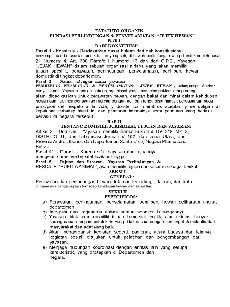 Statuta Yayasan Perlindungan Hewan | PDF