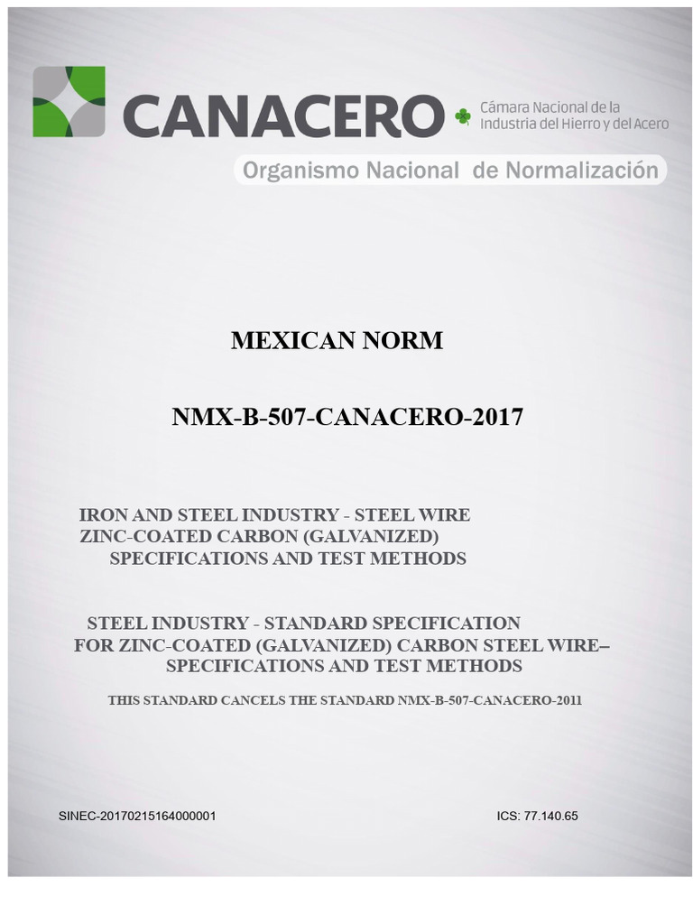 NMX-B-507-CANACERO-2017: Galvanized Wire Specs | PDF | Metals | Materials