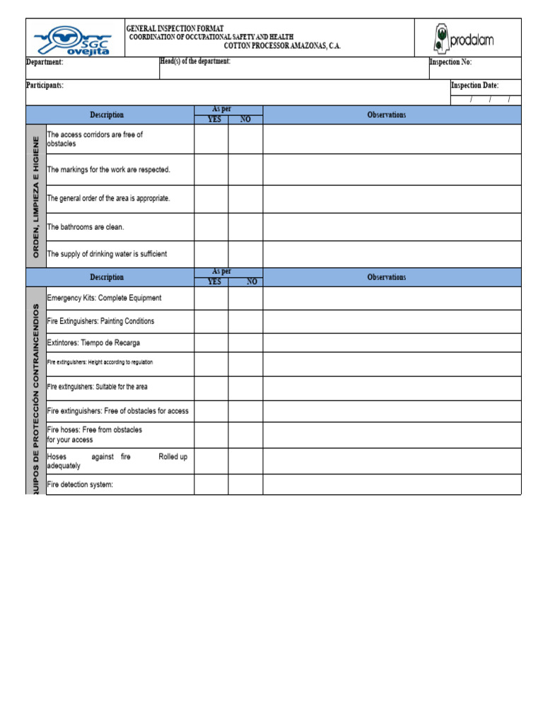 Occupational Safety Inspection Checklist | PDF | Occupational Safety ...