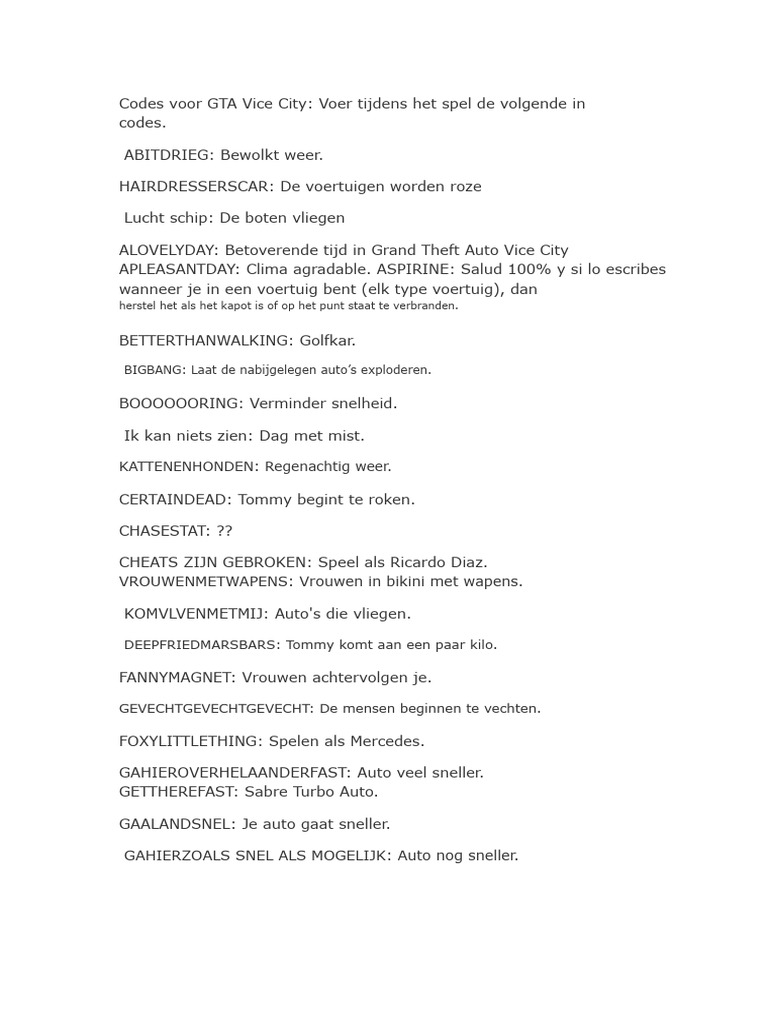 Codes Voor GTA Vice City | PDF