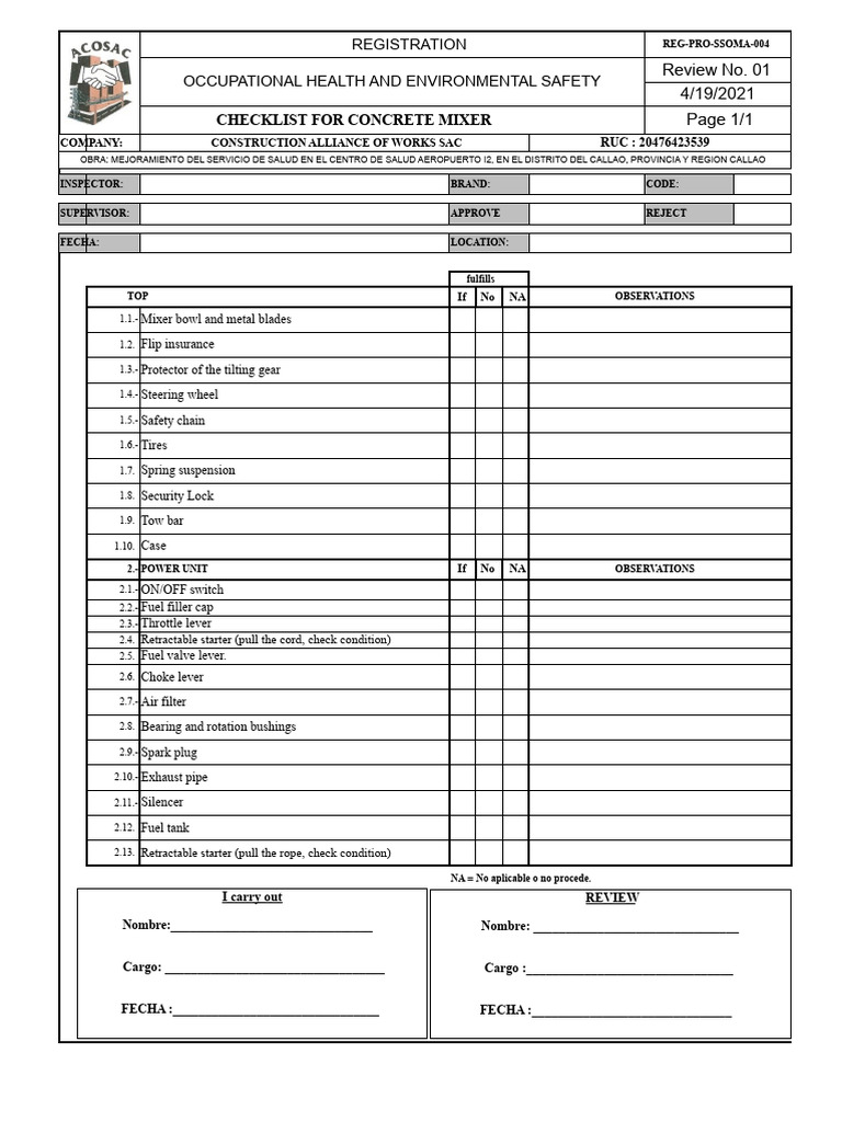 Concrete Mixer Safety Checklist | PDF | Automotive Technologies ...