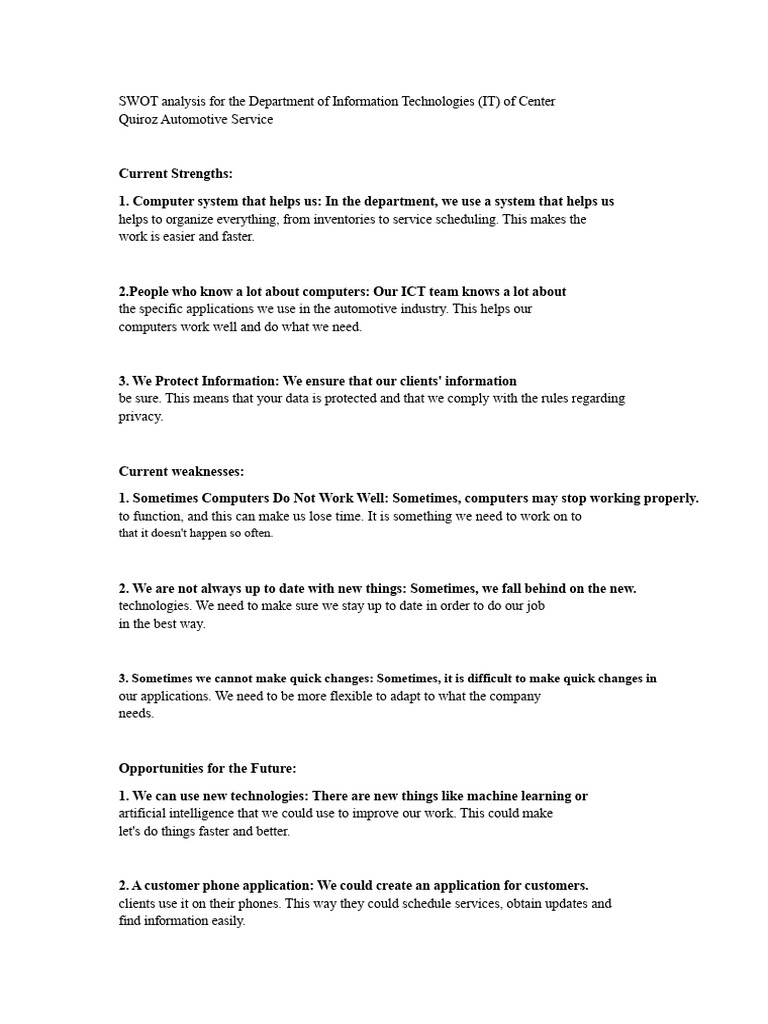 SWOT Analysis For The Information Technology Department | PDF