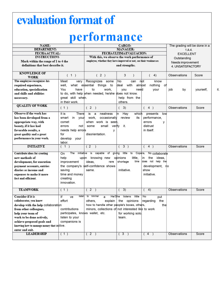 Employee Performance Evaluation Form | PDF | Knowledge | Performance ...