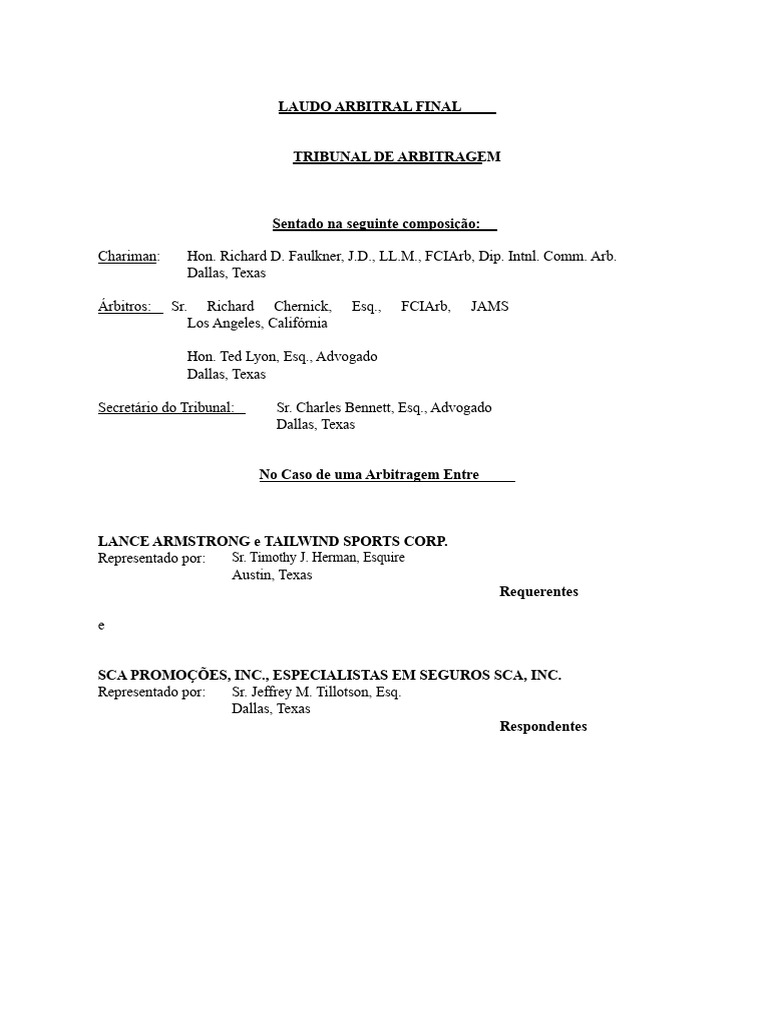 Laudo Arbitral: Lance Armstrong vs. Tailwind | PDF | Arbitragem ...