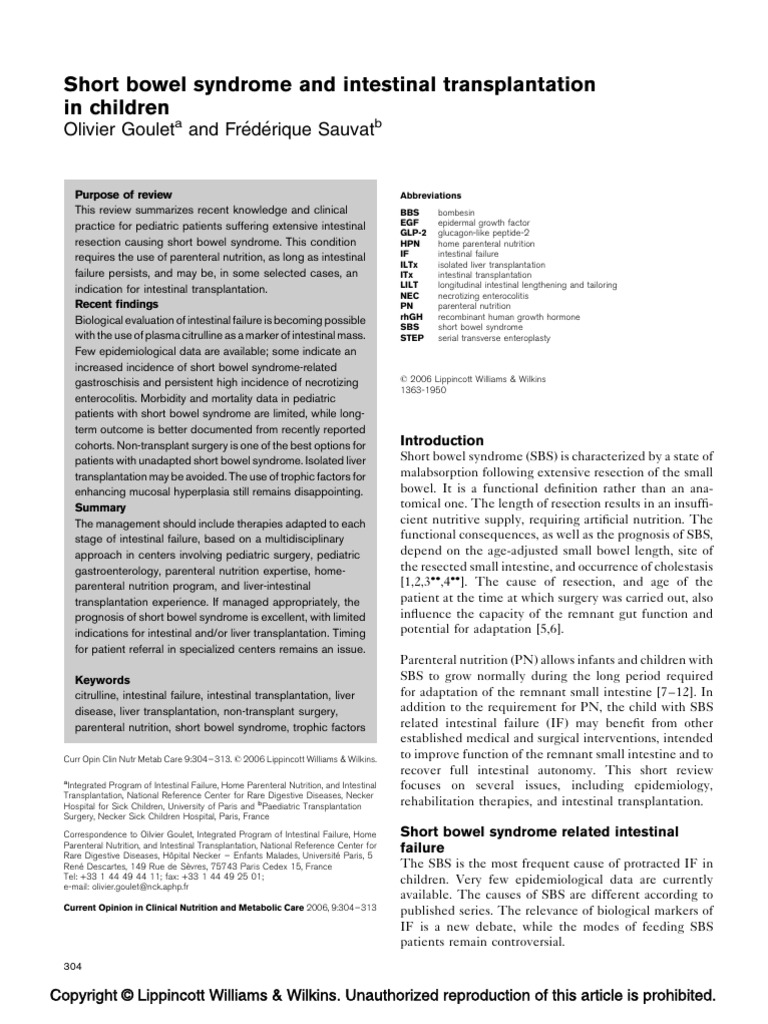 2006 Short Bowel Syndrome and Intestinal Transplantation in Children ...