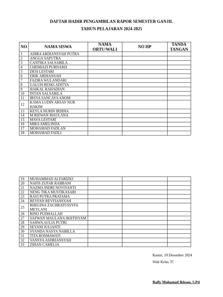 Daftar Hadir Pengambilan Rapor 2024 | PDF
