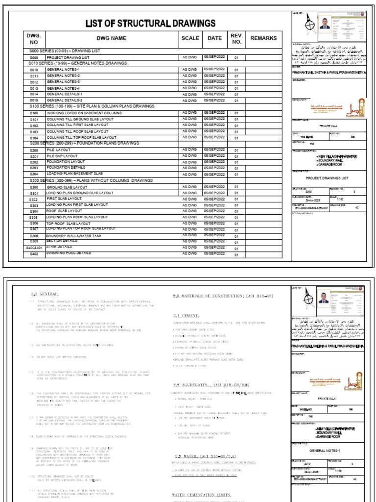Private Villa Project Drawings List | PDF | Beam (Structure ...