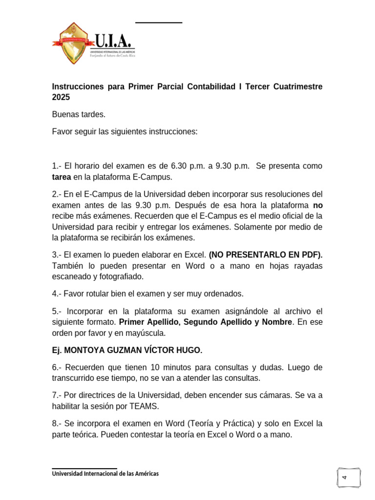 Instrucciones para El Primer Parcial Contabilidad I III Q 2025 | PDF