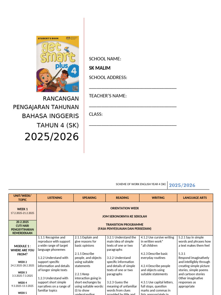 Annual English Teaching Plan Year 4 | PDF | English Language | Writing