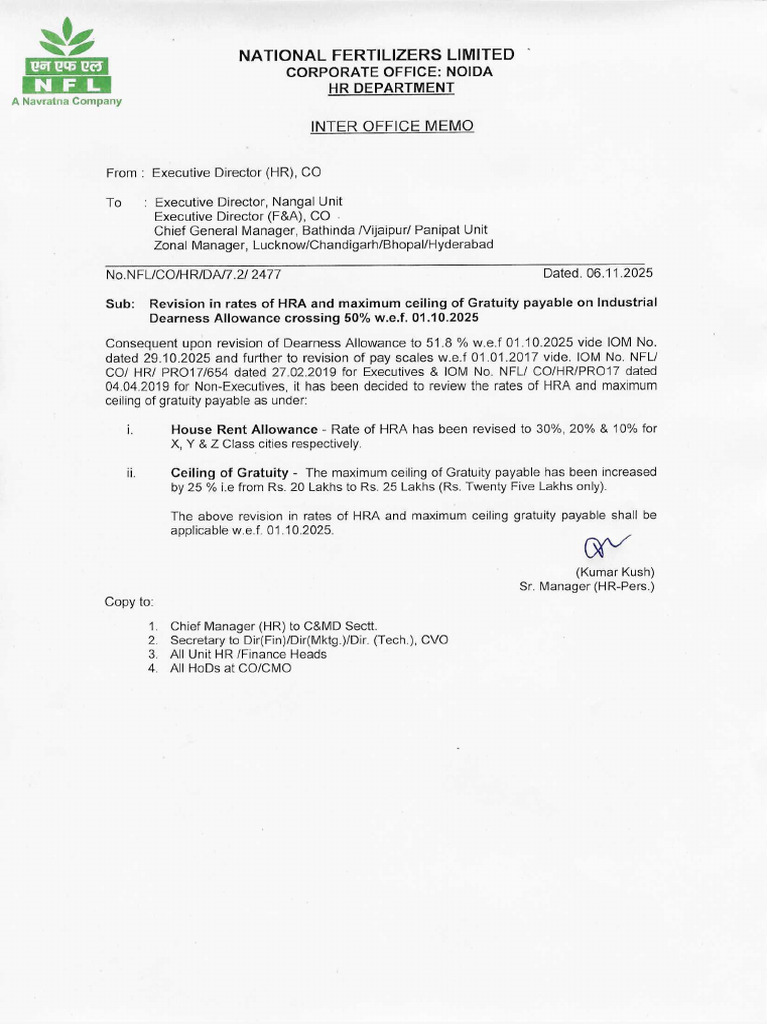 Revision in Rates of HRA Maximum Ceiling of Gratuity Payable On IDA ...
