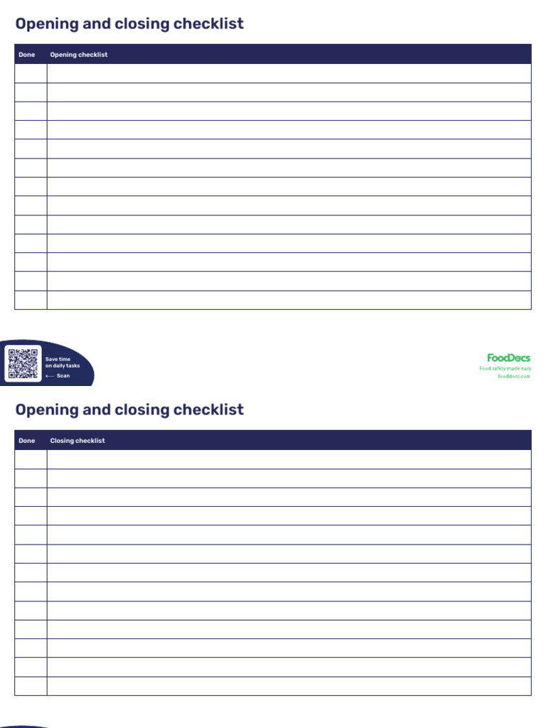 FoodDocs - Opening and Closing Checklist | PDF