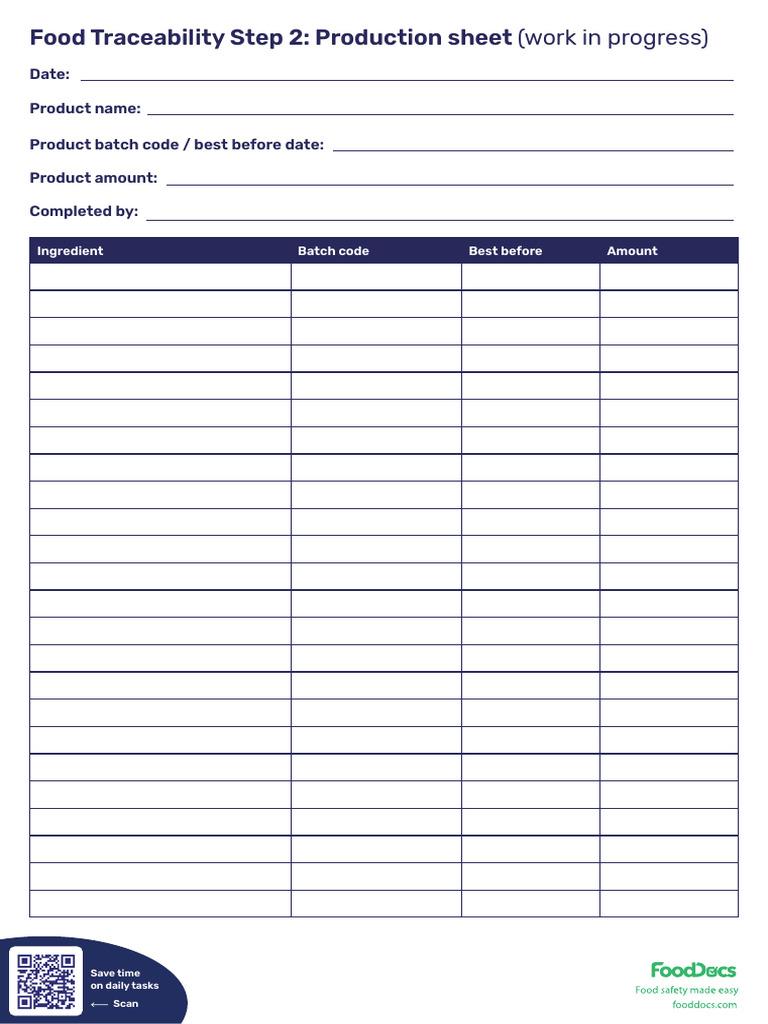 FoodDocs - Food Traceability Step 2 Production Sheet | PDF