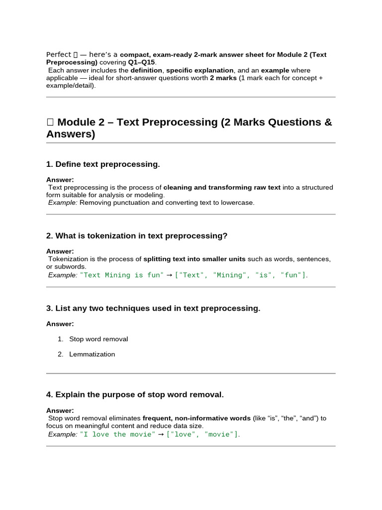 Exam-Ready 2-Mark Answers for Text Preprocessing | PDF | Information ...