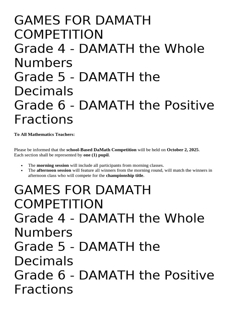 DaMath Competition Rules and Gameplay | PDF | Subtraction | Numbers