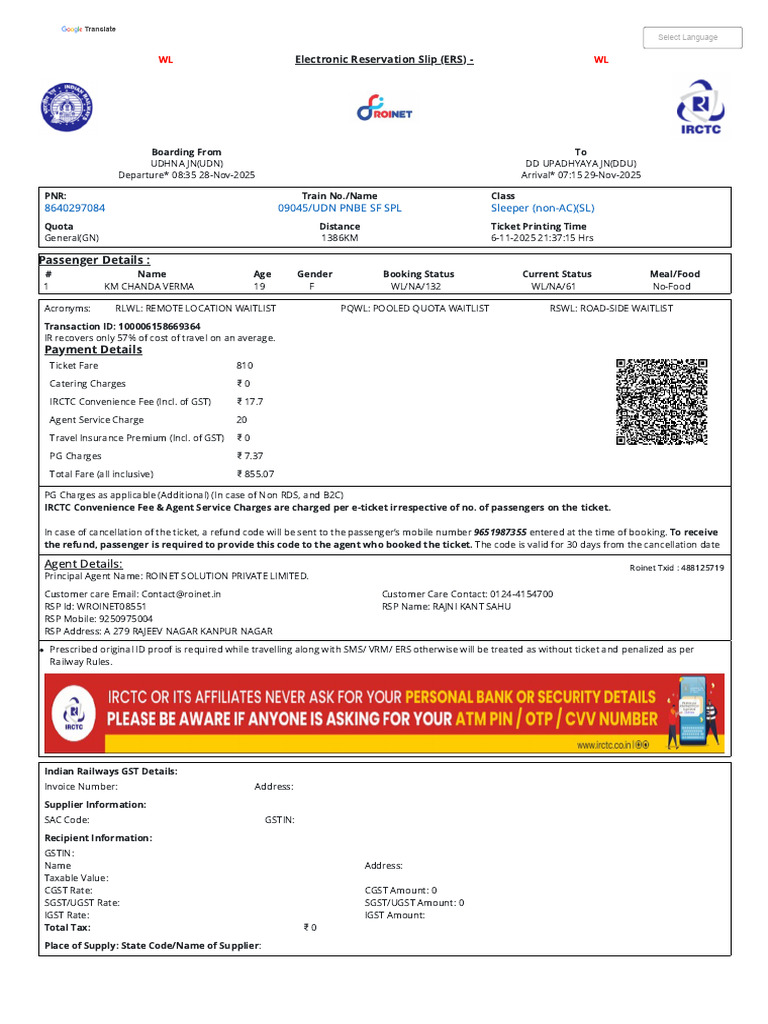 Train Ticket Booking Details and Instructions | PDF | Identity Document ...