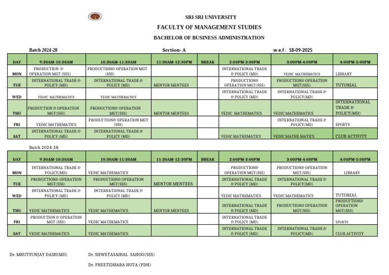 Time Table of Bba 3rd Sem (2nd Slot) - 2024-28 | PDF | Mathematics