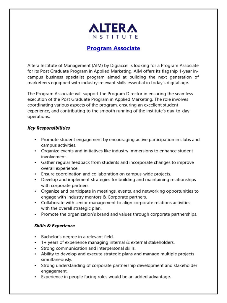 Program Associate - Job Description 1 | PDF | Strategic Planning ...